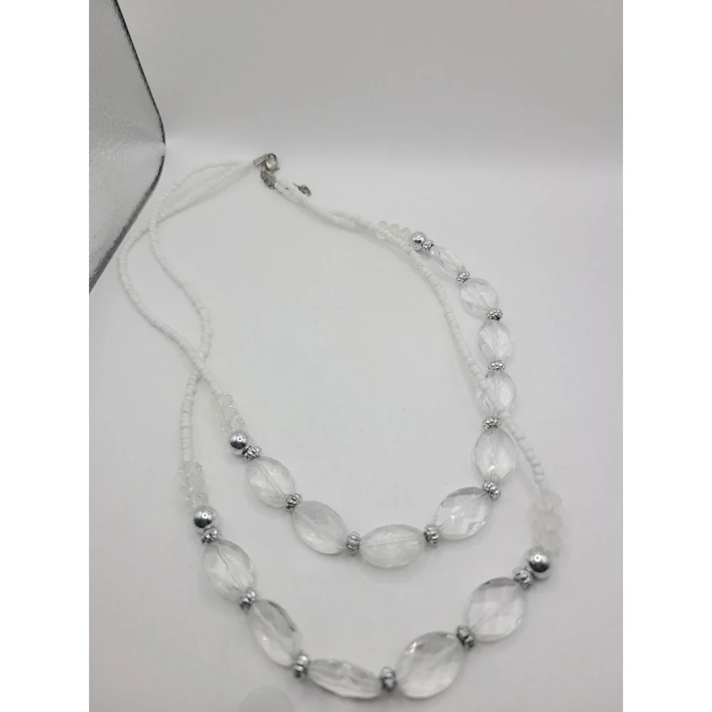 White Clear Double Strand Beaded Necklace Faceted Oval Silver Tone Statement